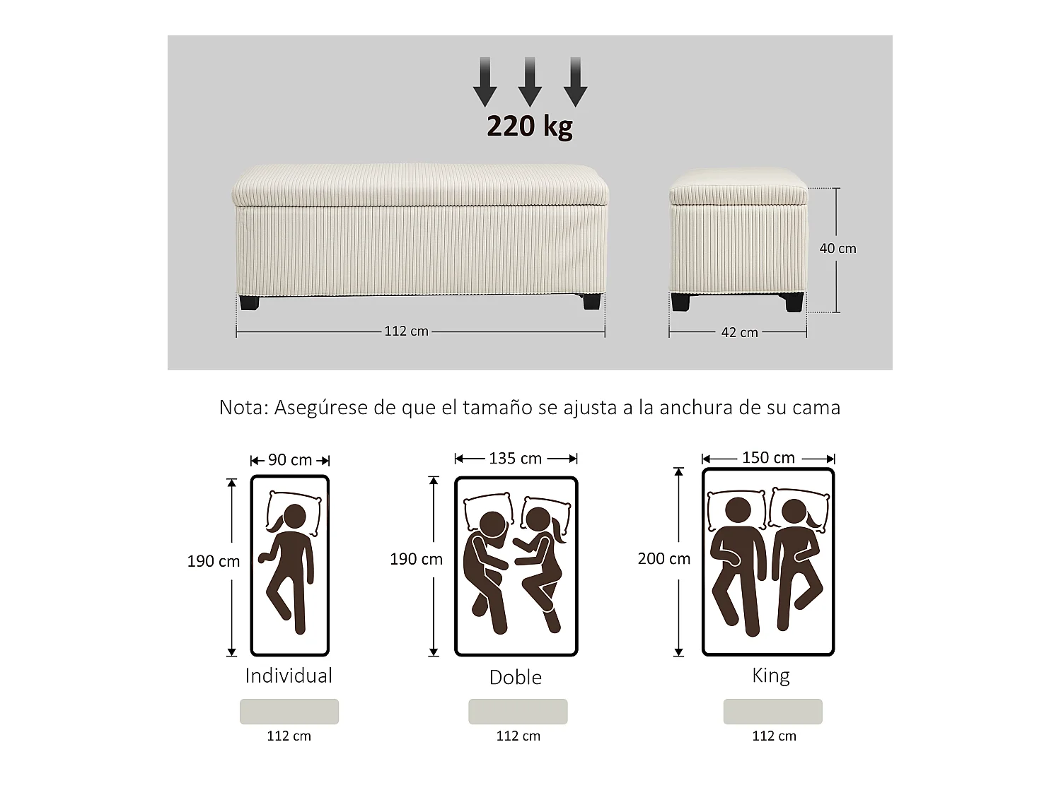 Banquette coffre design velours côtelé - dim. 112 x 42 x 40 cm rangement 84L - beige clair