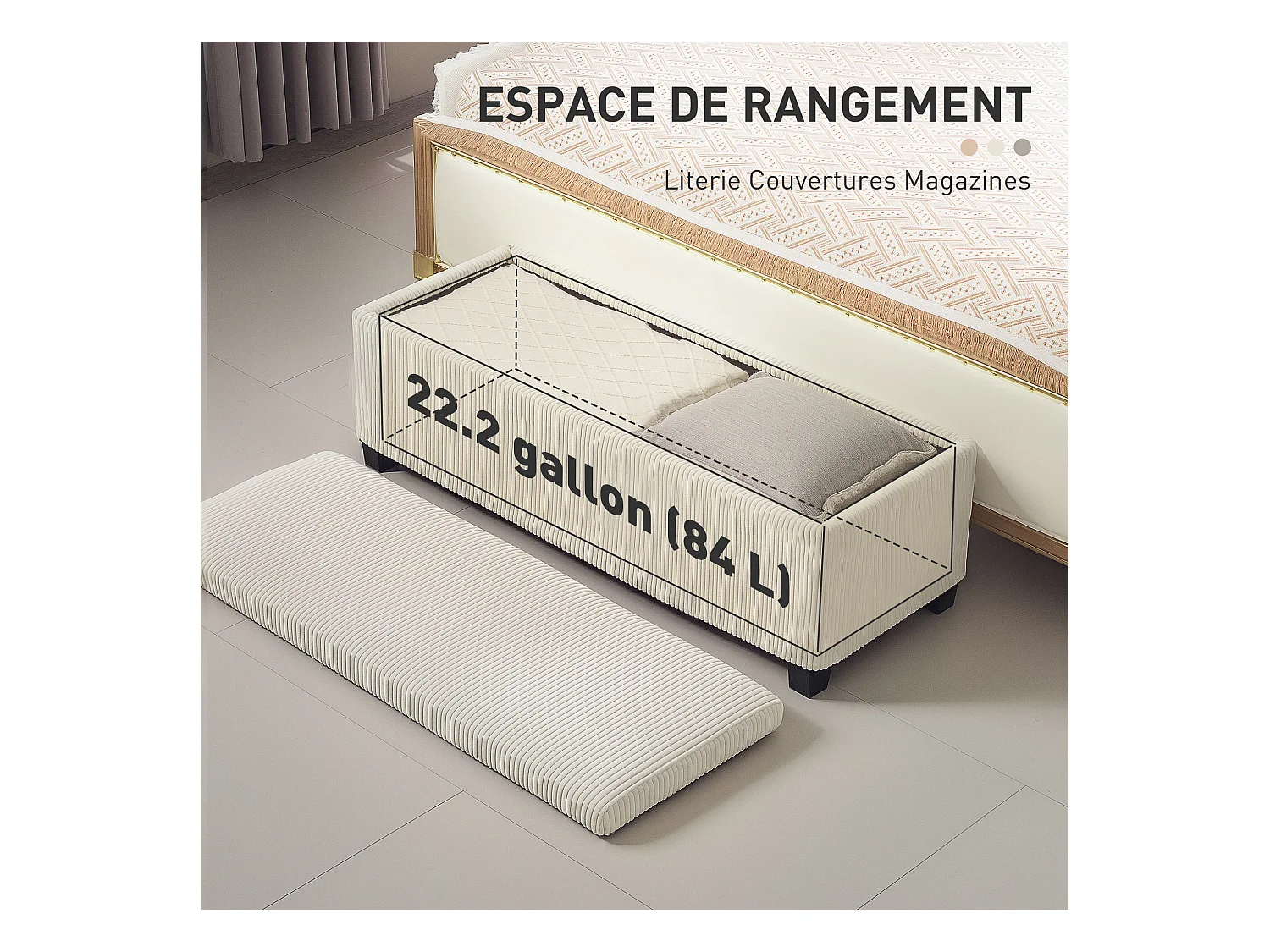 Banquette coffre design velours côtelé - dim. 112 x 42 x 40 cm rangement 84L - beige clair