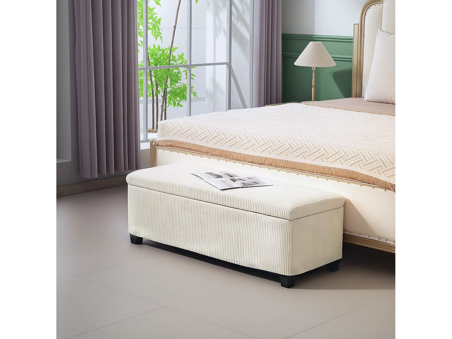 Banquette coffre design velours côtelé - dim. 112 x 42 x 40 cm rangement 84L - beige clair