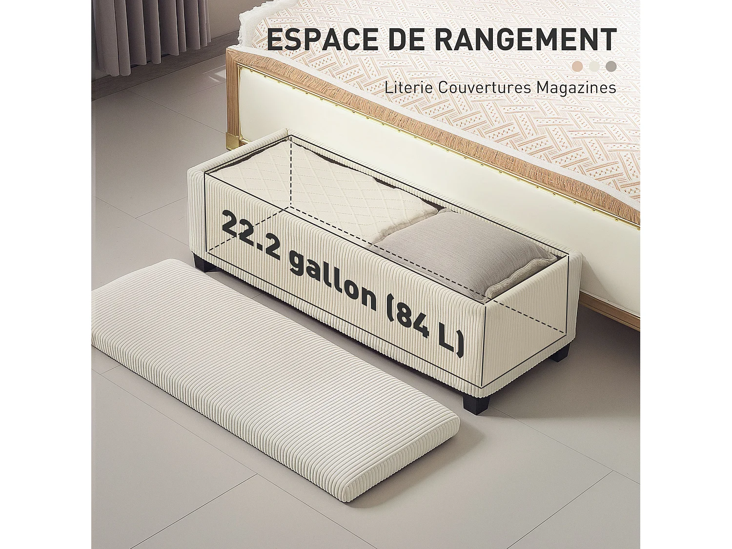 Banquette coffre design velours côtelé - dim. 112 x 42 x 40 cm rangement 84L - beige clair