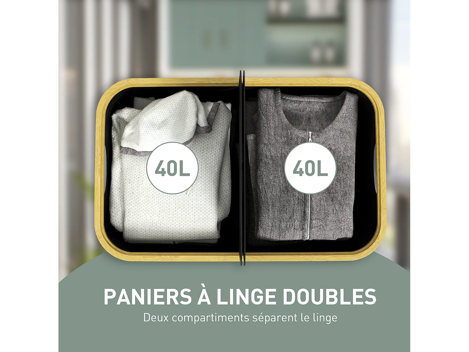 Panier à linge double pliable 80L - corbeille à linge sale avec couvercle et poignées - non tissé noir bambou