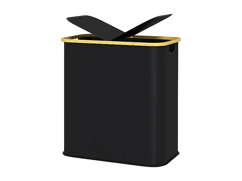 Panier à linge double pliable 80L - corbeille à linge sale avec couvercle et poignées - non tissé noir bambou