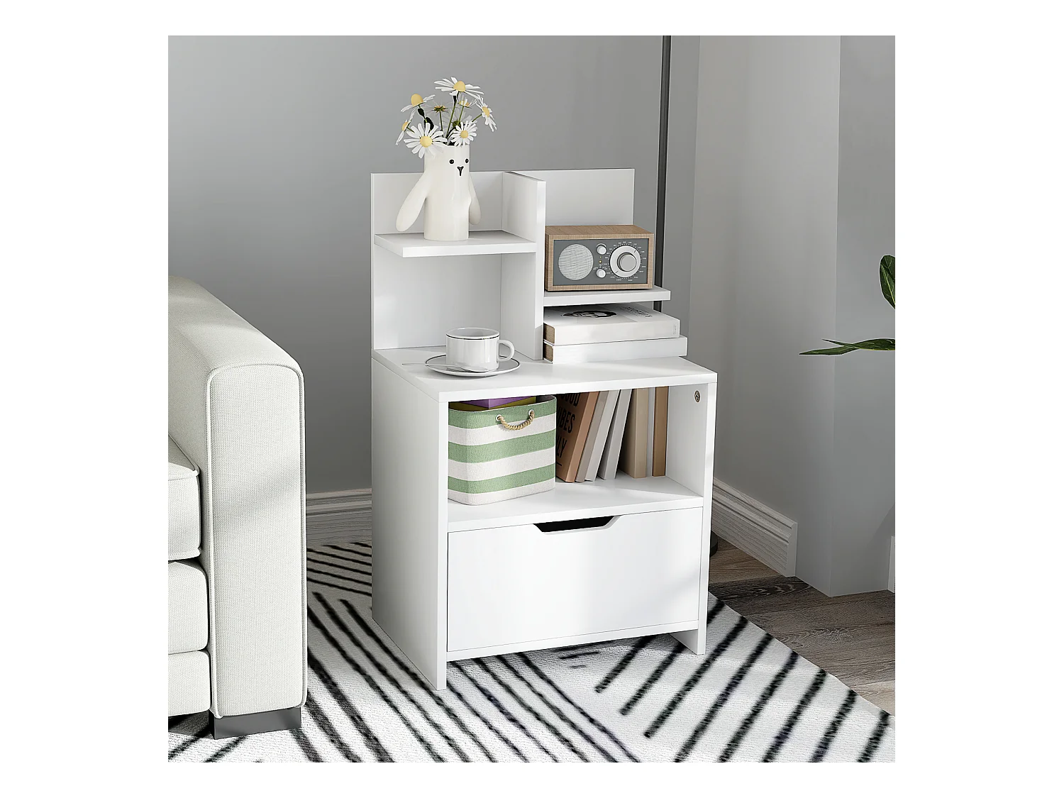 Chevet table de nuit multi-rangement tiroir niche plateau 2 étagères aspect bois blanc