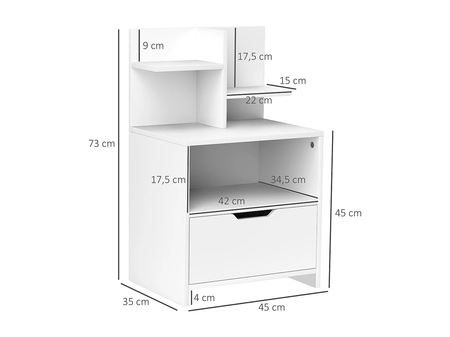 Chevet table de nuit multi-rangement tiroir niche plateau 2 étagères aspect bois blanc