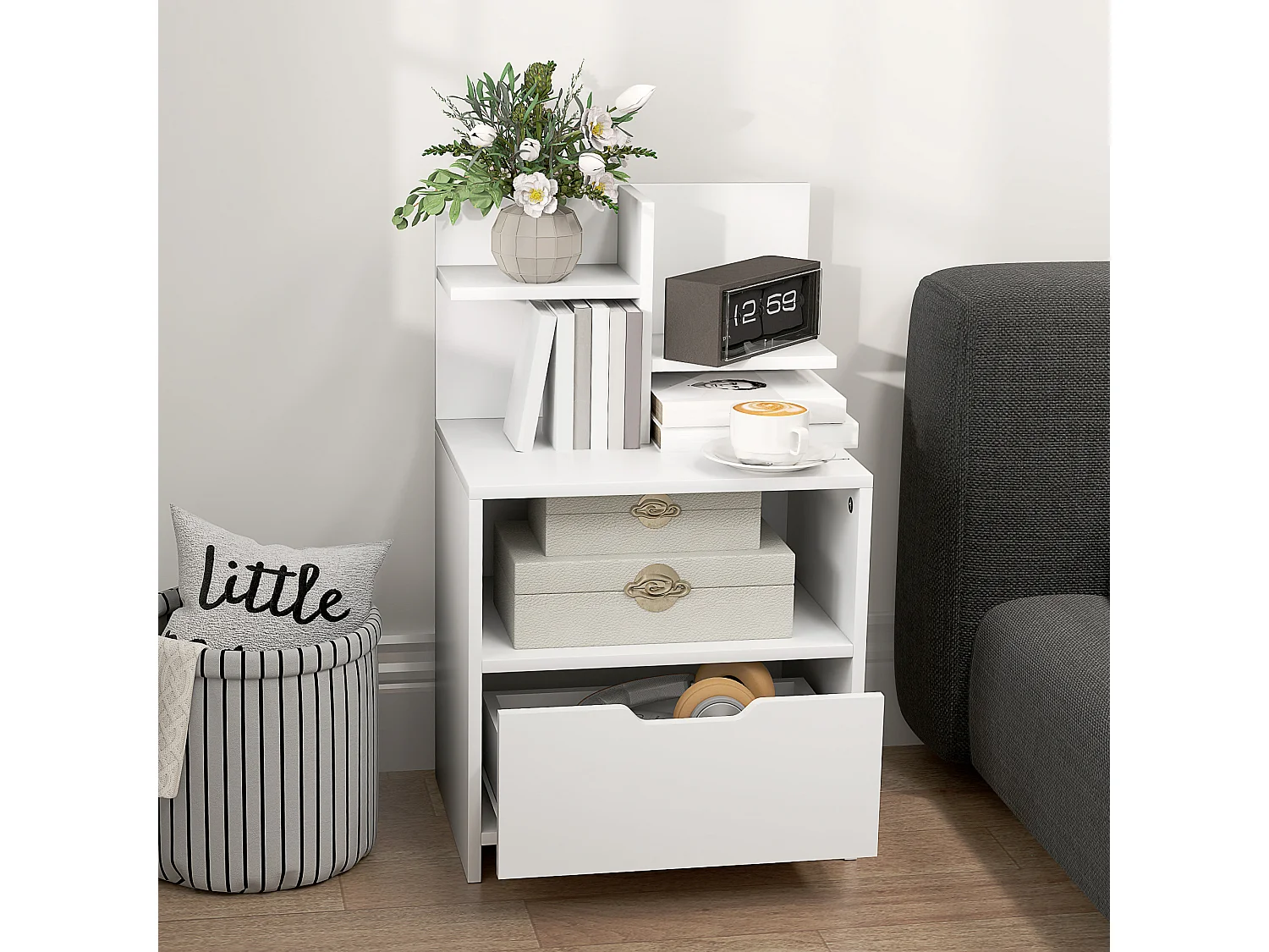 Chevet table de nuit multi-rangement tiroir niche plateau 2 étagères aspect bois blanc