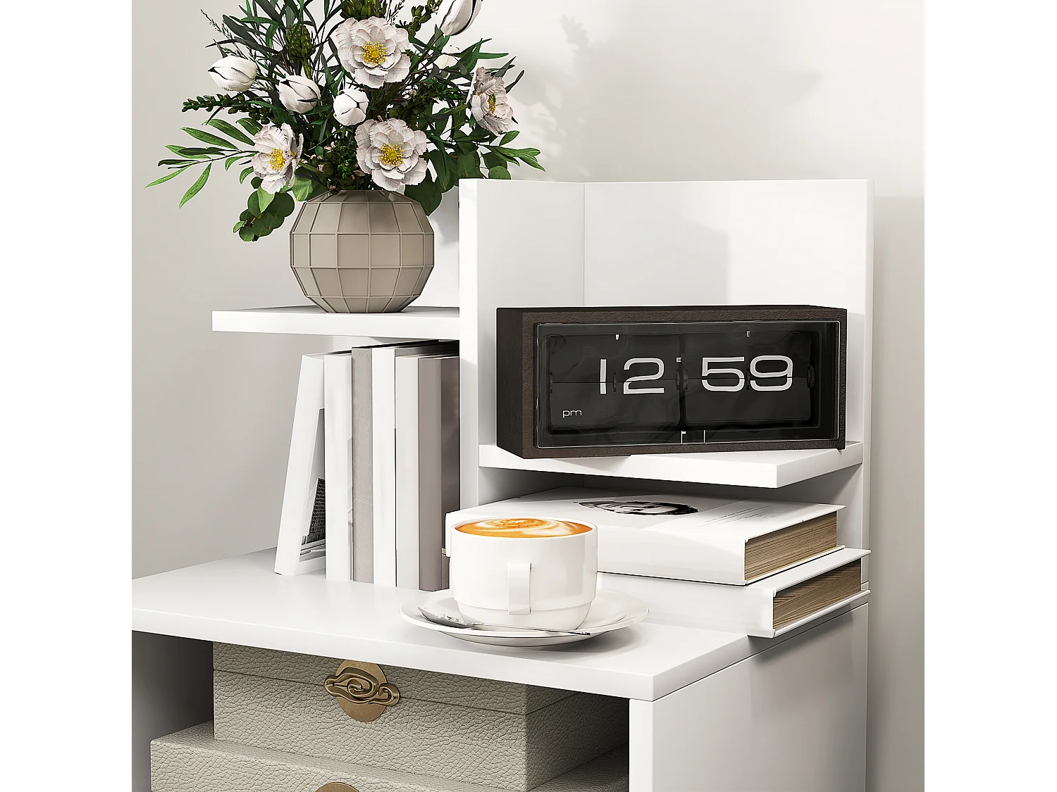 Chevet table de nuit multi-rangement tiroir niche plateau 2 étagères aspect bois blanc