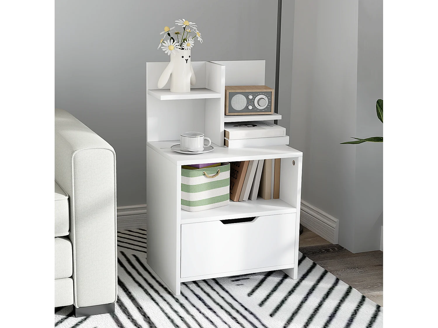 Chevet table de nuit multi-rangement tiroir niche plateau 2 étagères aspect bois blanc