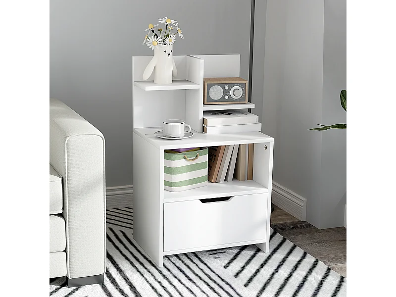 Chevet table de nuit multi-rangement tiroir niche plateau 2 étagères aspect bois blanc