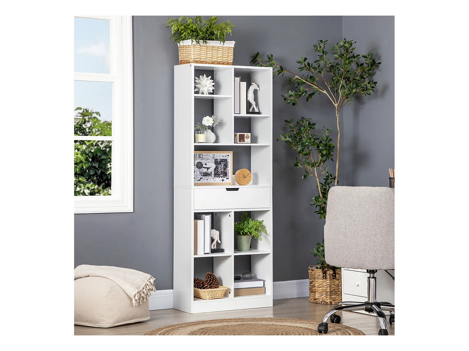 Bibliothèque étagère - tiroir, étagère, 8 compartiments - dim. 60 x 26 x 158 cm - blanc