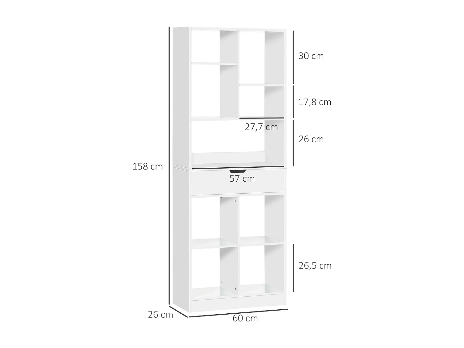 Bibliothèque étagère - tiroir, étagère, 8 compartiments - dim. 60 x 26 x 158 cm - blanc