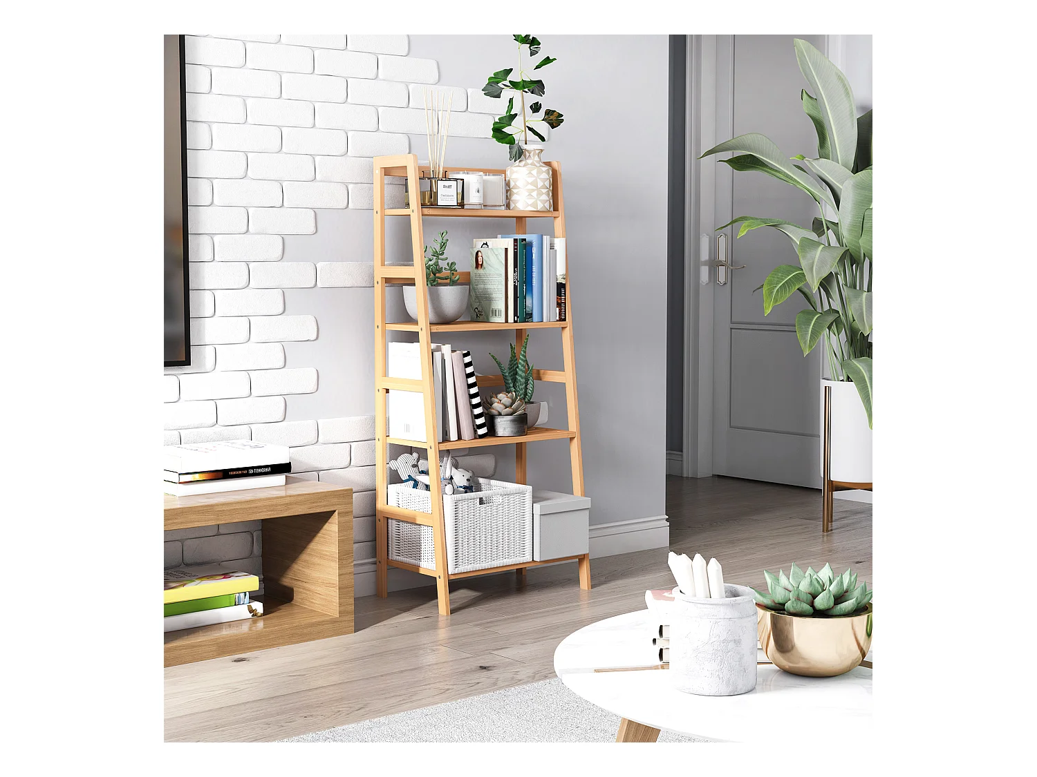 Étagère échelle 4 niveaux bambou verni - tablettes à lattes avec barre support arrière