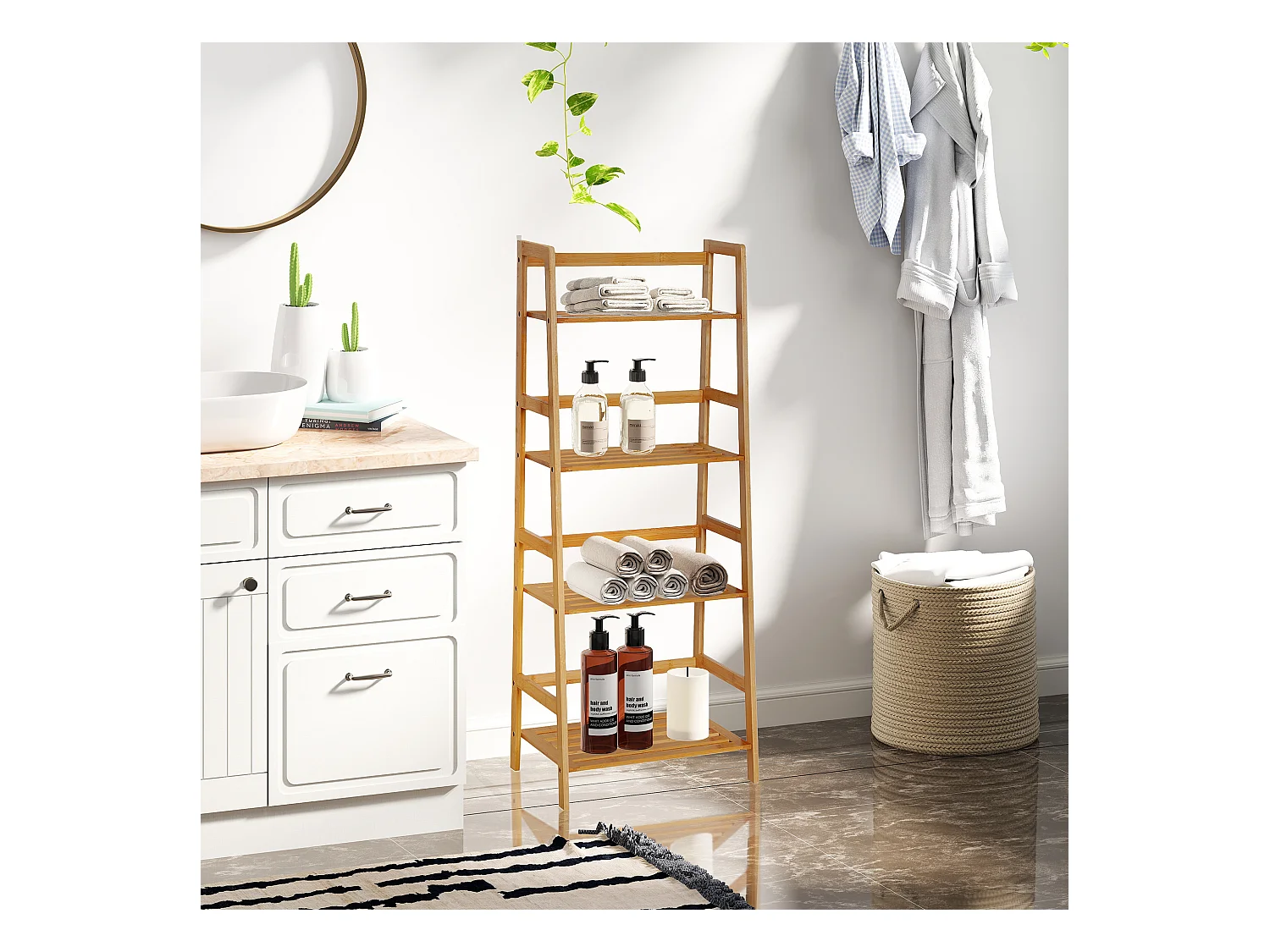 Étagère échelle 4 niveaux bambou verni - tablettes à lattes avec barre support arrière