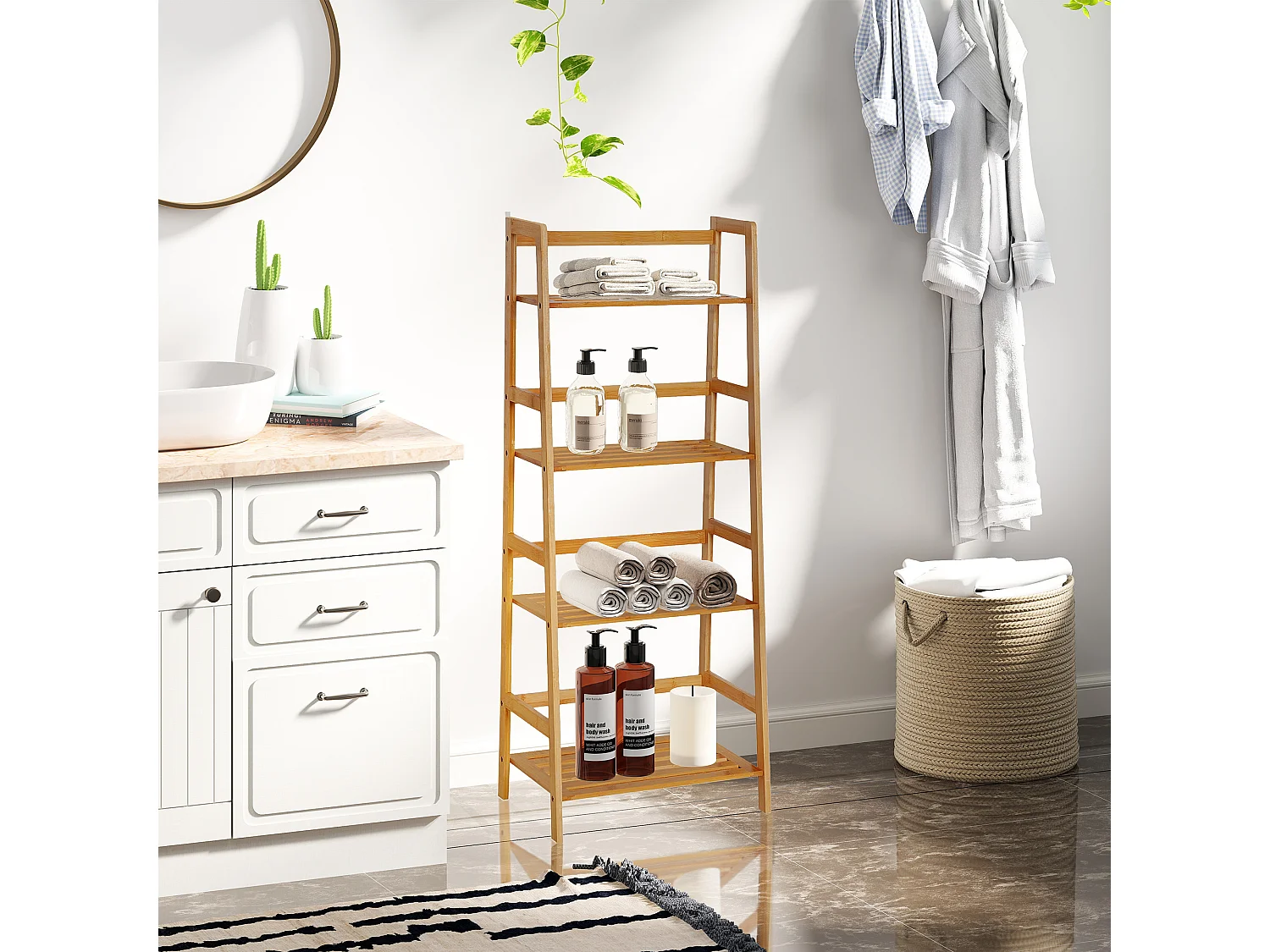 Étagère échelle 4 niveaux bambou verni - tablettes à lattes avec barre support arrière