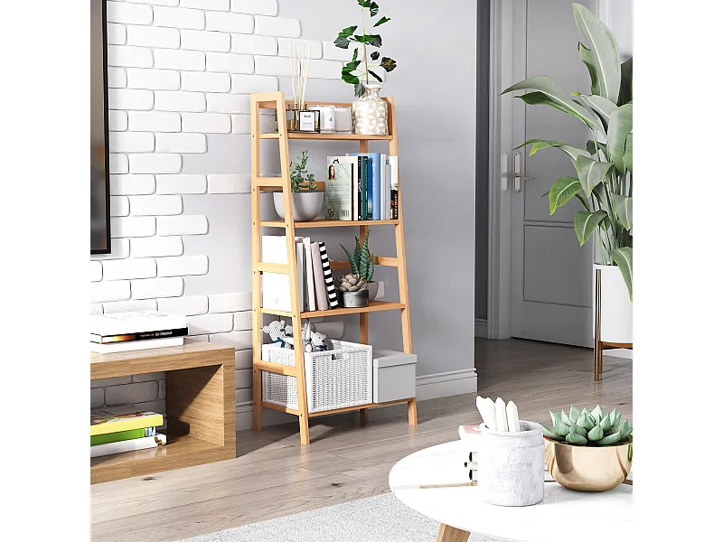 Étagère échelle 4 niveaux bambou verni - tablettes à lattes avec barre support arrière