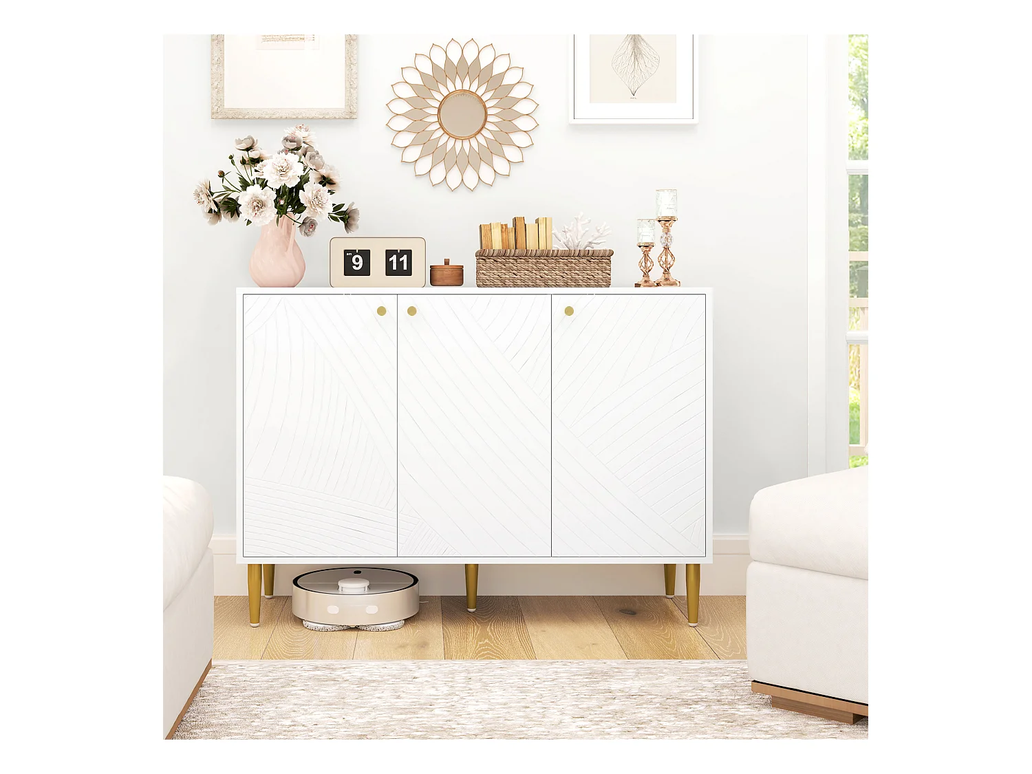 Buffet design graphique - 3 portes, 2 étagères - piètement poignées métal doré blanc