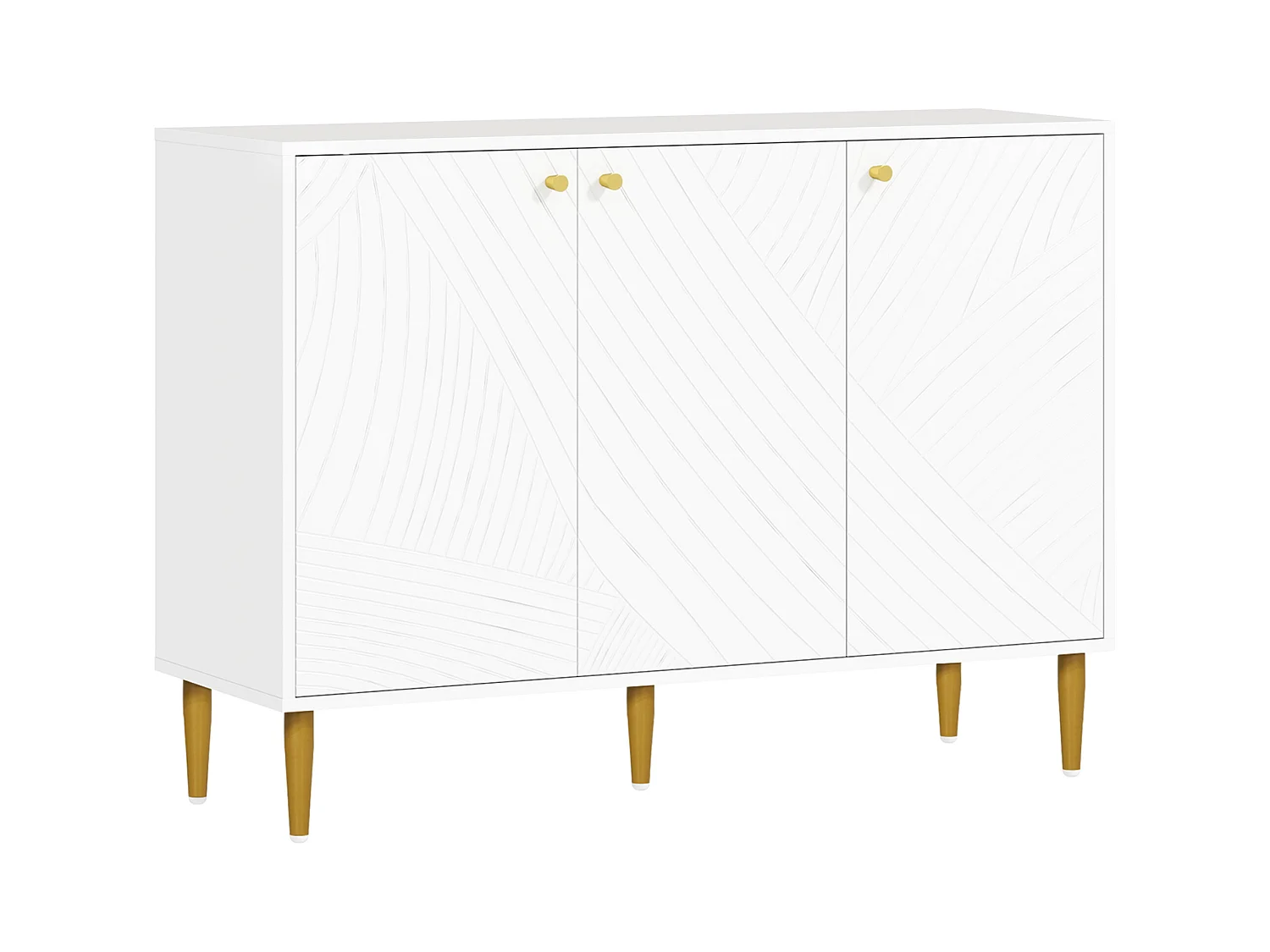 Buffet design graphique - 3 portes, 2 étagères - piètement poignées métal doré blanc