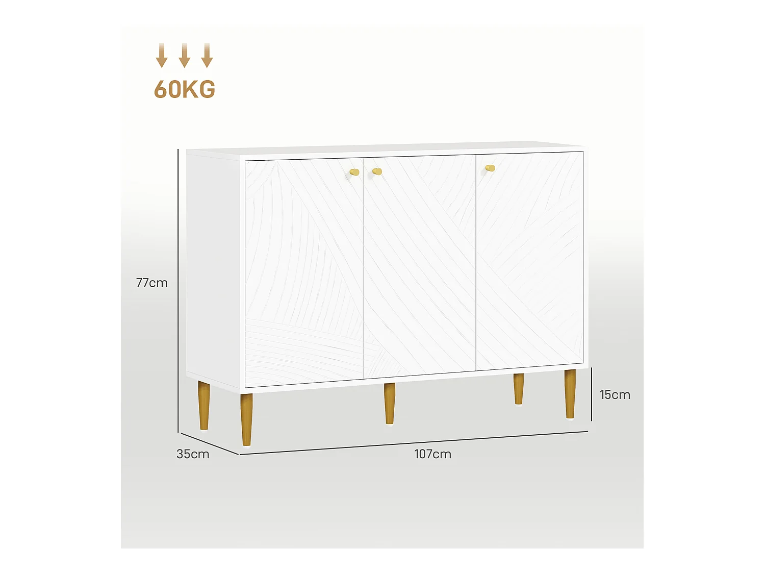 Buffet design graphique - 3 portes, 2 étagères - piètement poignées métal doré blanc
