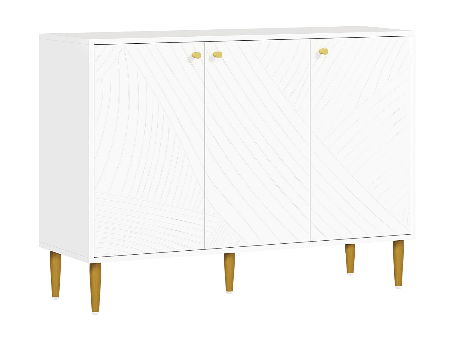 Buffet design graphique - 3 portes, 2 étagères - piètement poignées métal doré blanc