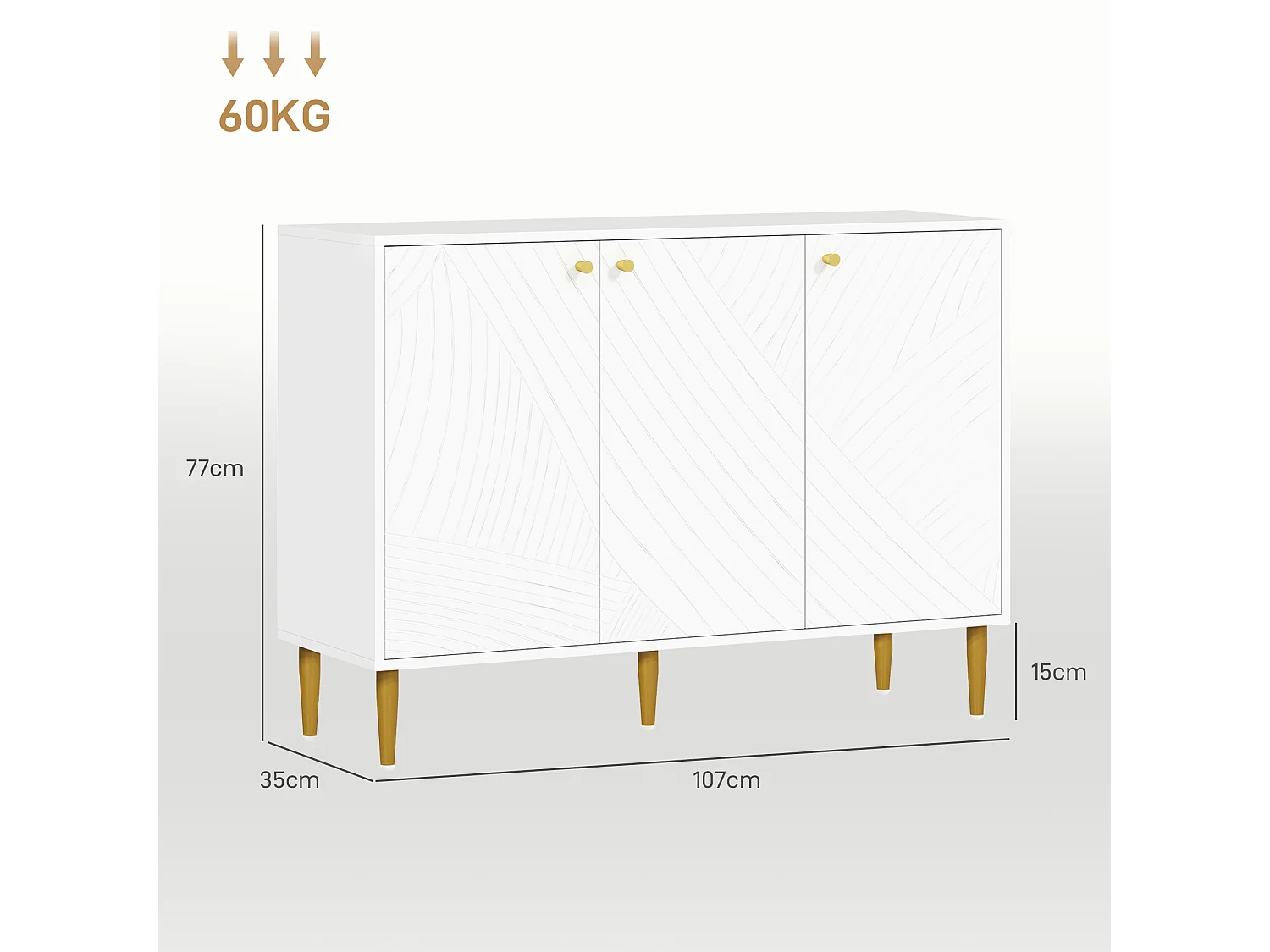 Buffet design graphique - 3 portes, 2 étagères - piètement poignées métal doré blanc