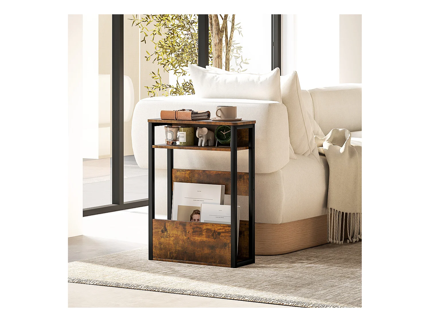 Bout de canapé table d'appoint style industriel - 2 étagères, plateau - métal noir effet bois vieilli