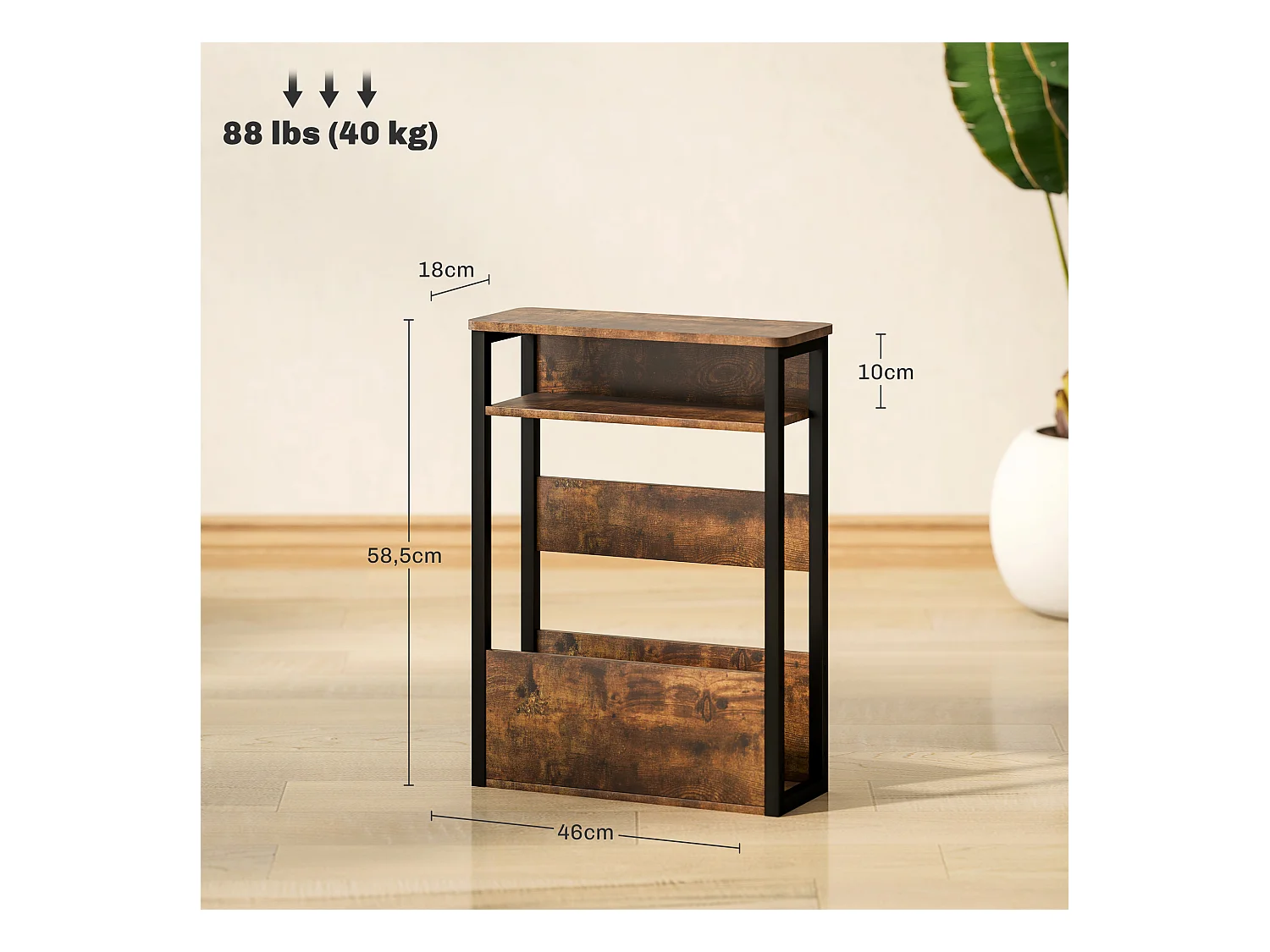 Bout de canapé table d'appoint style industriel - 2 étagères, plateau - métal noir effet bois vieilli