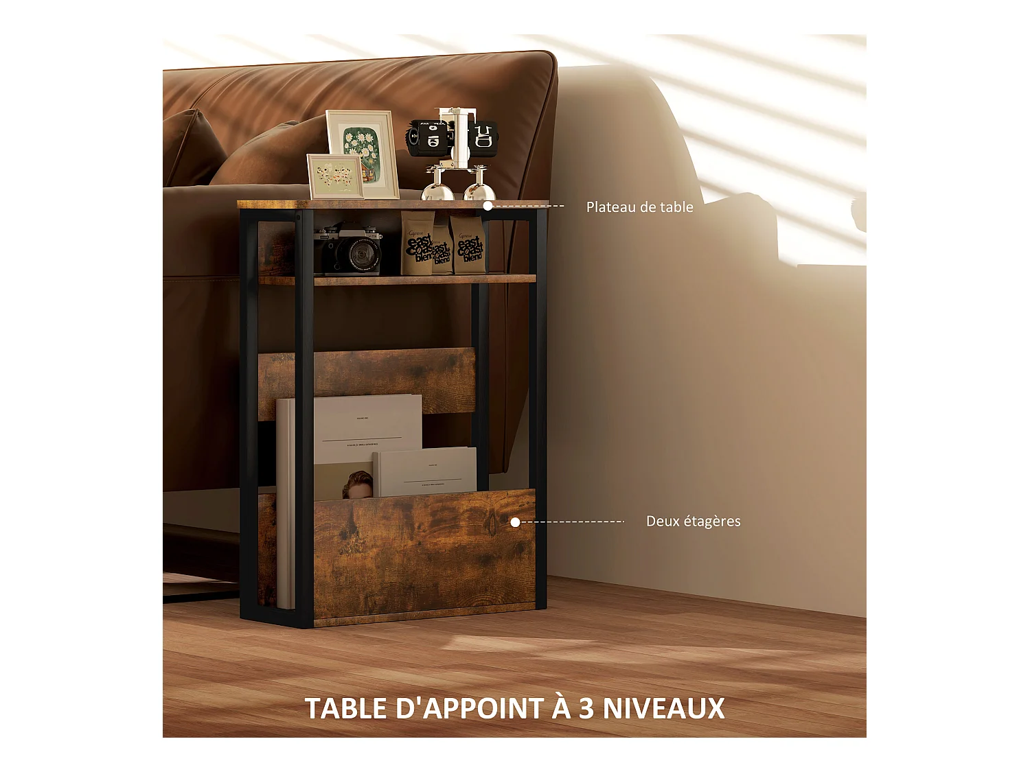 Bout de canapé table d'appoint style industriel - 2 étagères, plateau - métal noir effet bois vieilli