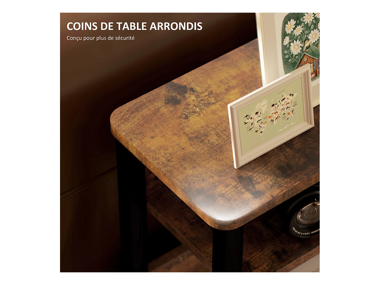 Bout de canapé table d'appoint style industriel - 2 étagères, plateau - métal noir effet bois vieilli