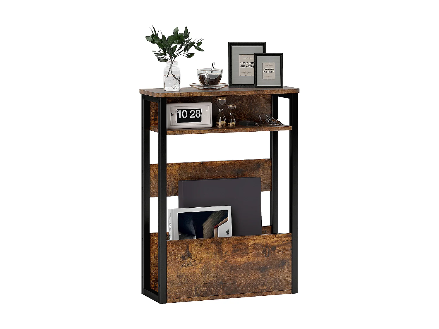 Bout de canapé table d'appoint style industriel - 2 étagères, plateau - métal noir effet bois vieilli