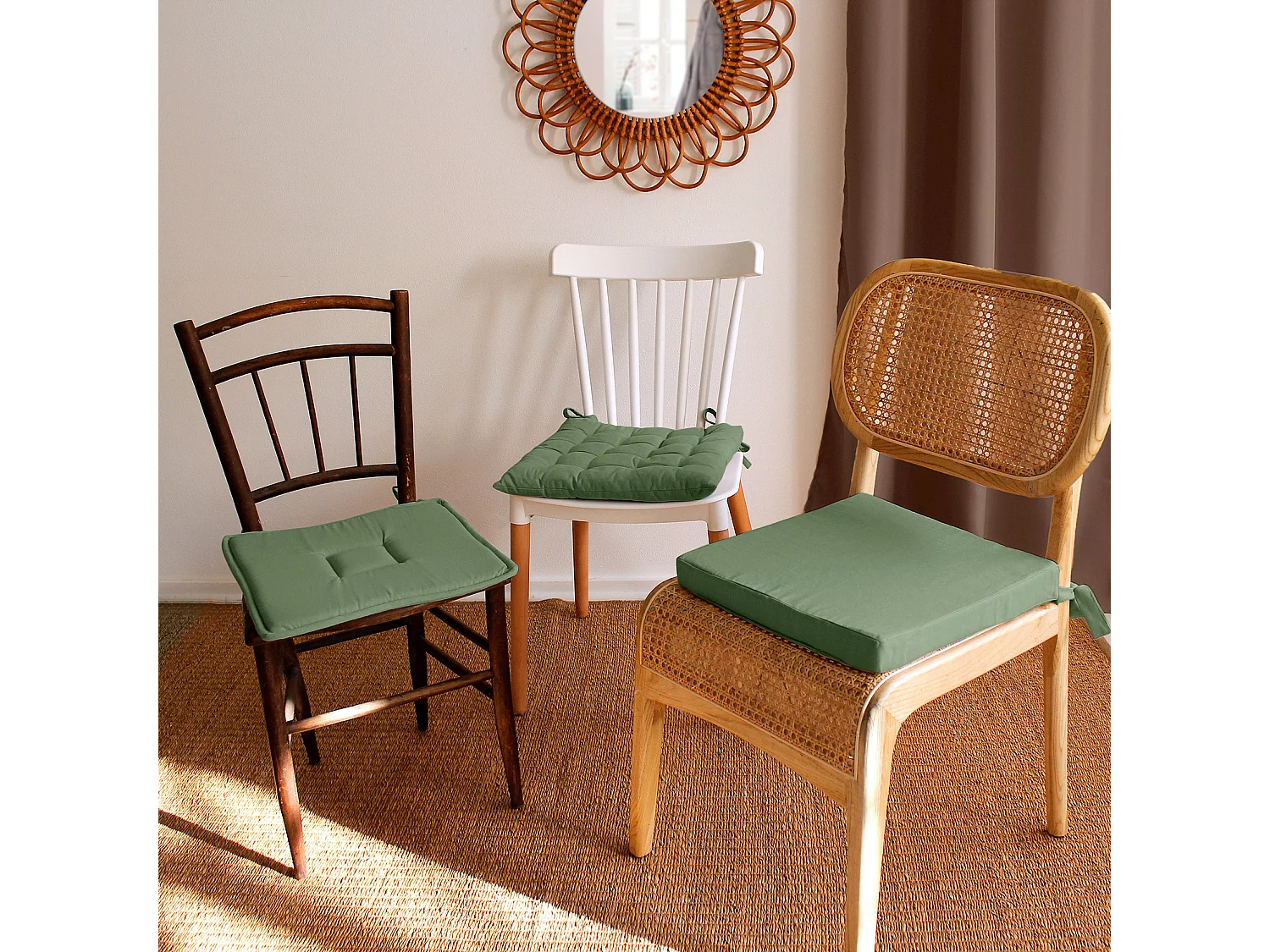 Galette de Chaise Piquée Uni "Panama" 38x38cm Vert Argile