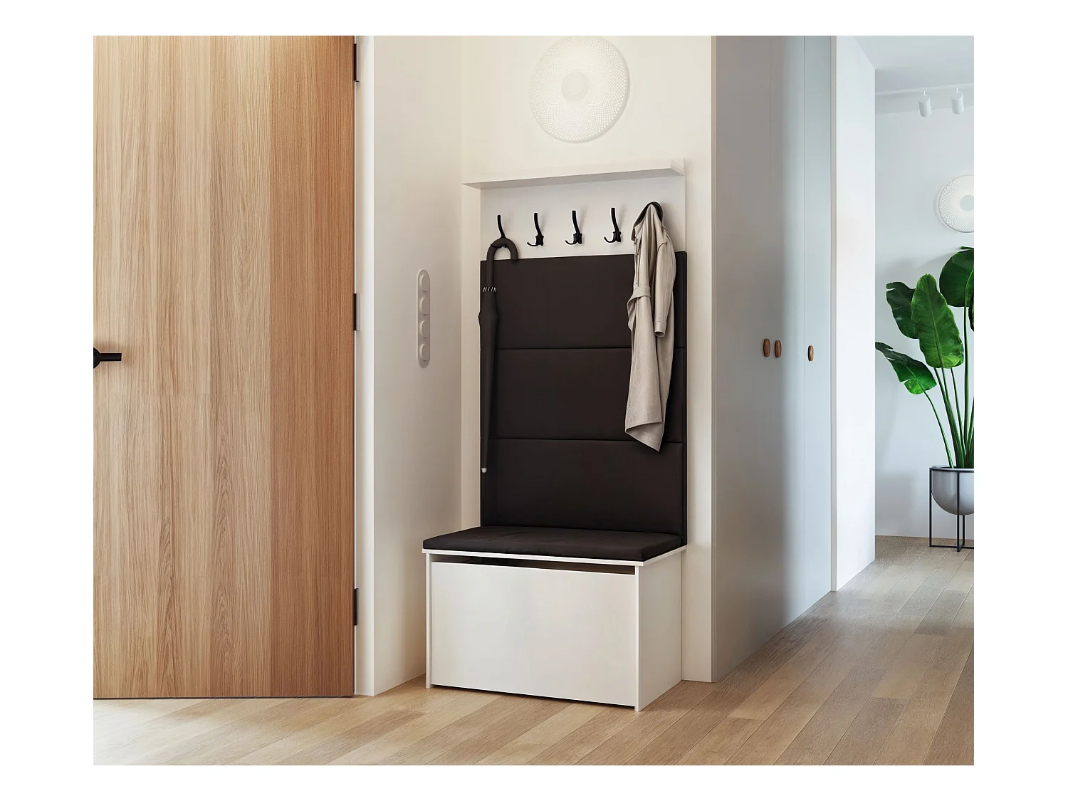 Meuble d'entrée - porte-manteau Cyndi avec coffre et siège - Noir