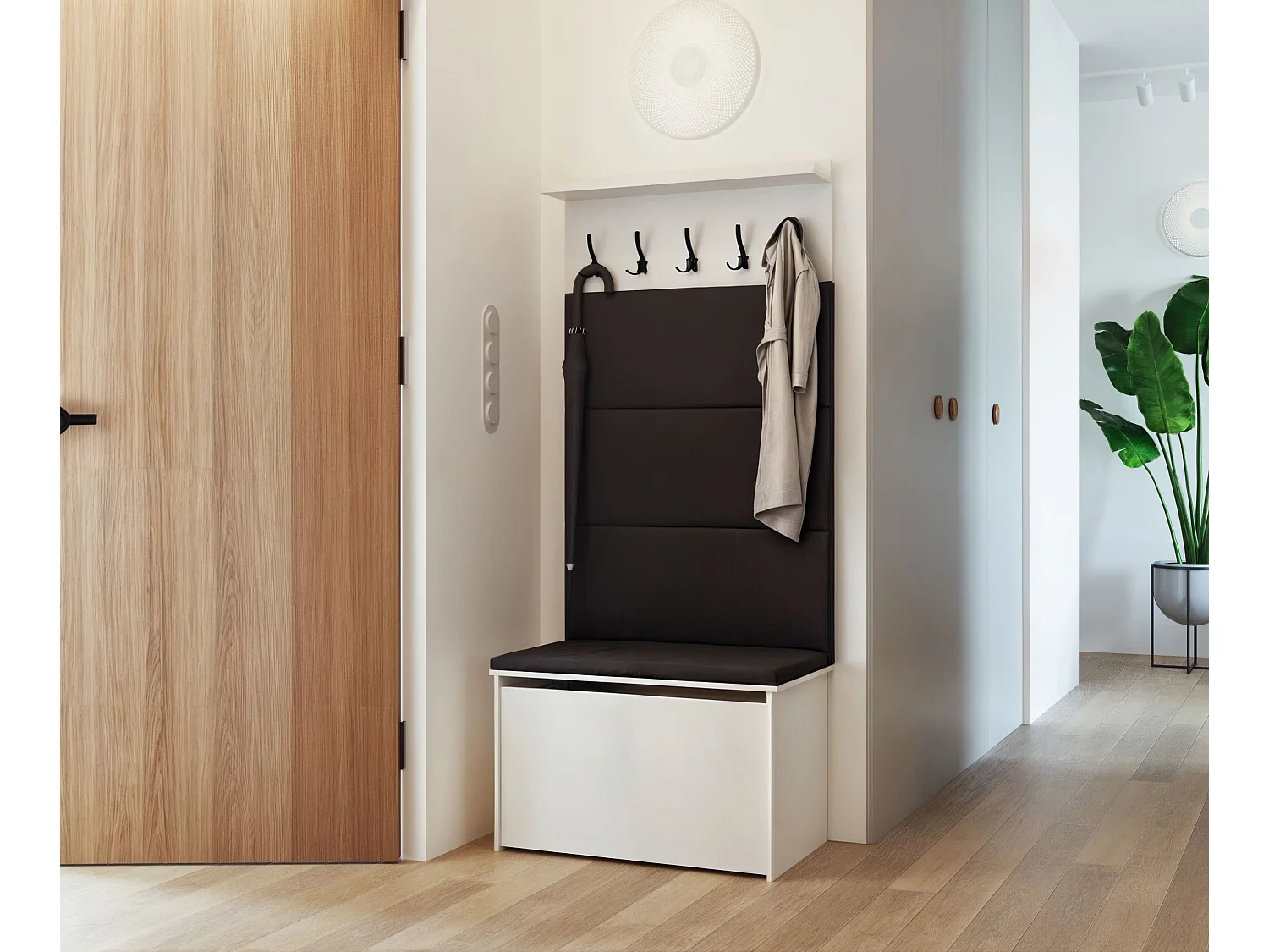 Meuble d'entrée - porte-manteau Cyndi avec coffre et siège - Noir