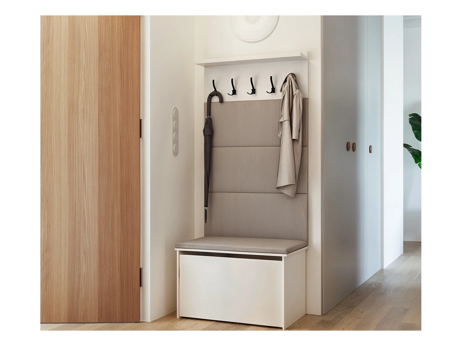 Meuble d'entrée - porte-manteau Cyndi avec coffre et siège - Gris