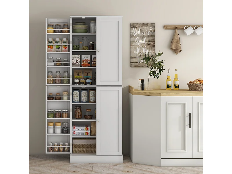 Buffet armoire de cuisine 2 portes 8 niveaux 16 porte-épices effet bois moulures blanc