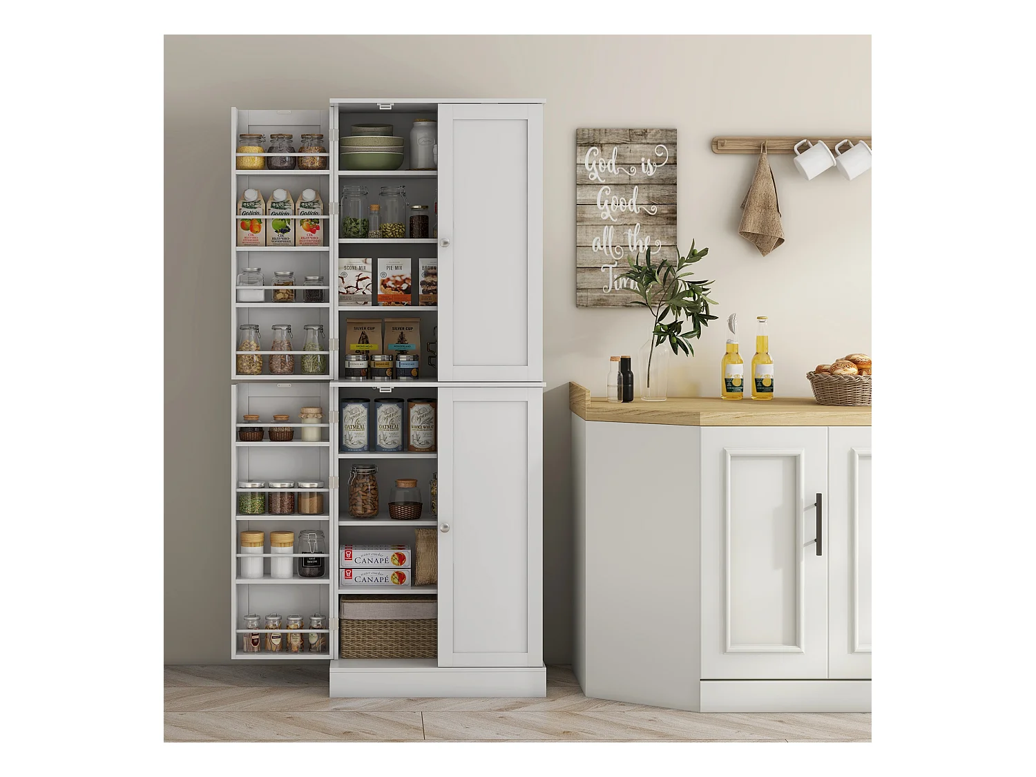 Buffet armoire de cuisine 2 portes 8 niveaux 16 porte-épices effet bois moulures blanc