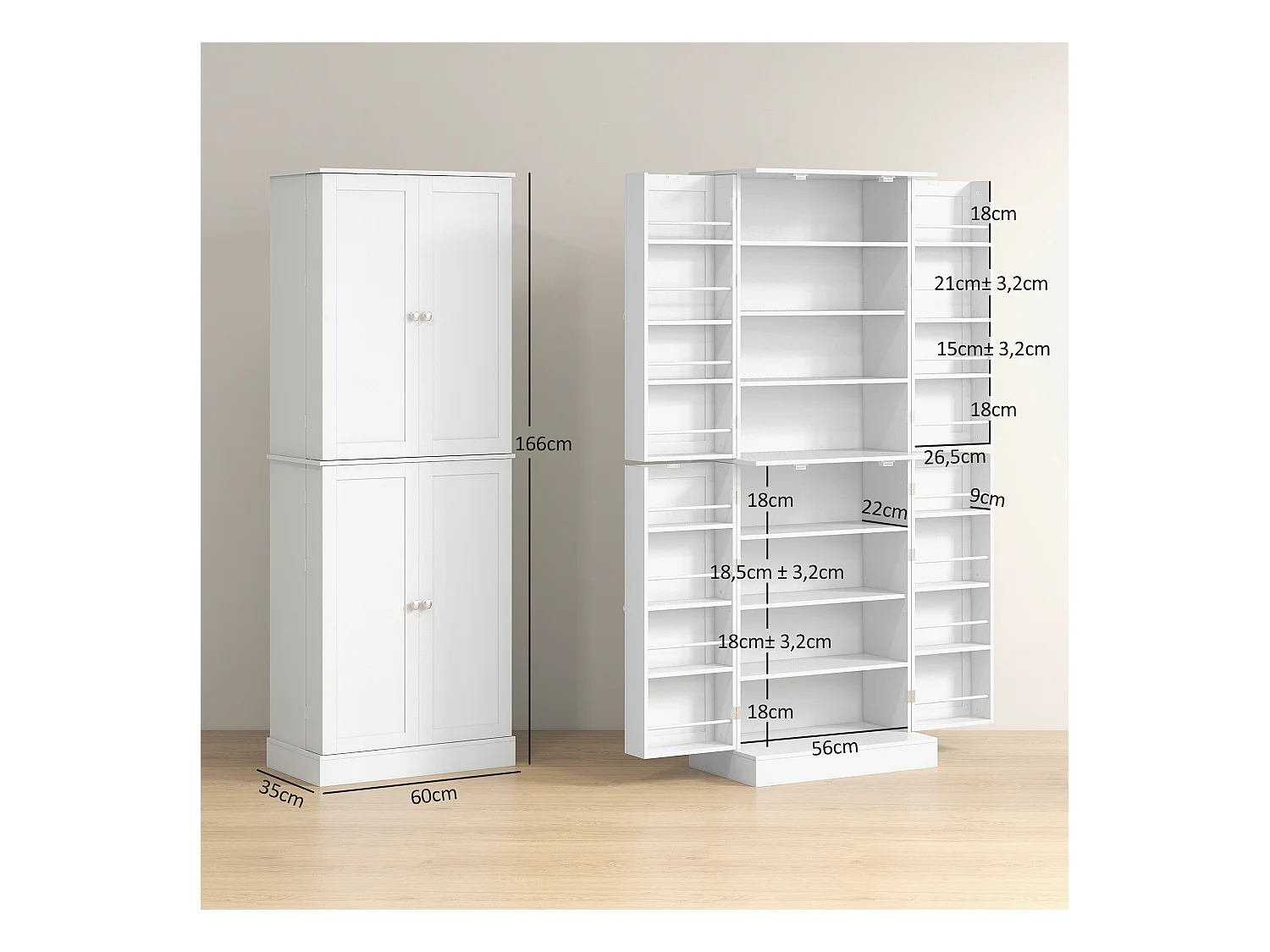 Buffet armoire de cuisine 2 portes 8 niveaux 16 porte-épices effet bois moulures blanc