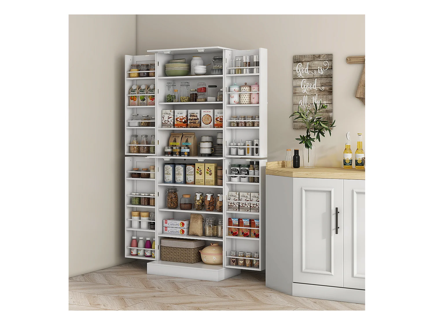 Buffet armoire de cuisine 2 portes 8 niveaux 16 porte-épices effet bois moulures blanc