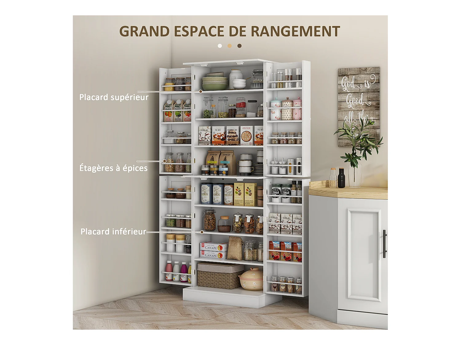 Buffet armoire de cuisine 2 portes 8 niveaux 16 porte-épices effet bois moulures blanc