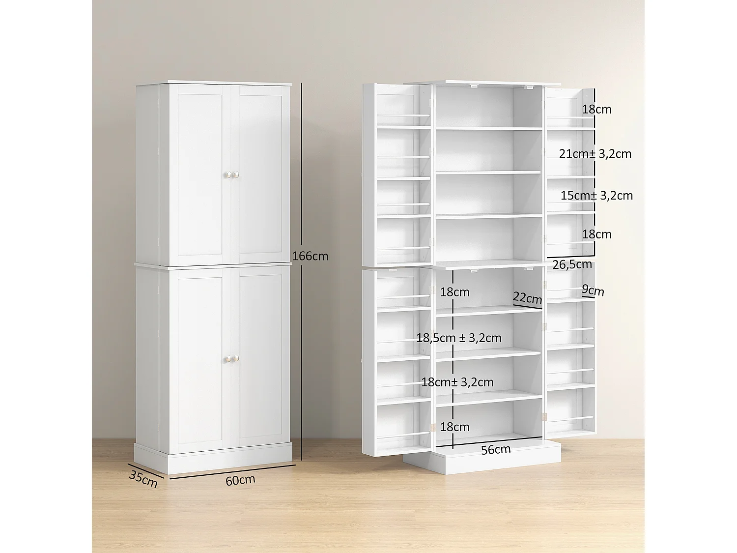 Buffet armoire de cuisine 2 portes 8 niveaux 16 porte-épices effet bois moulures blanc