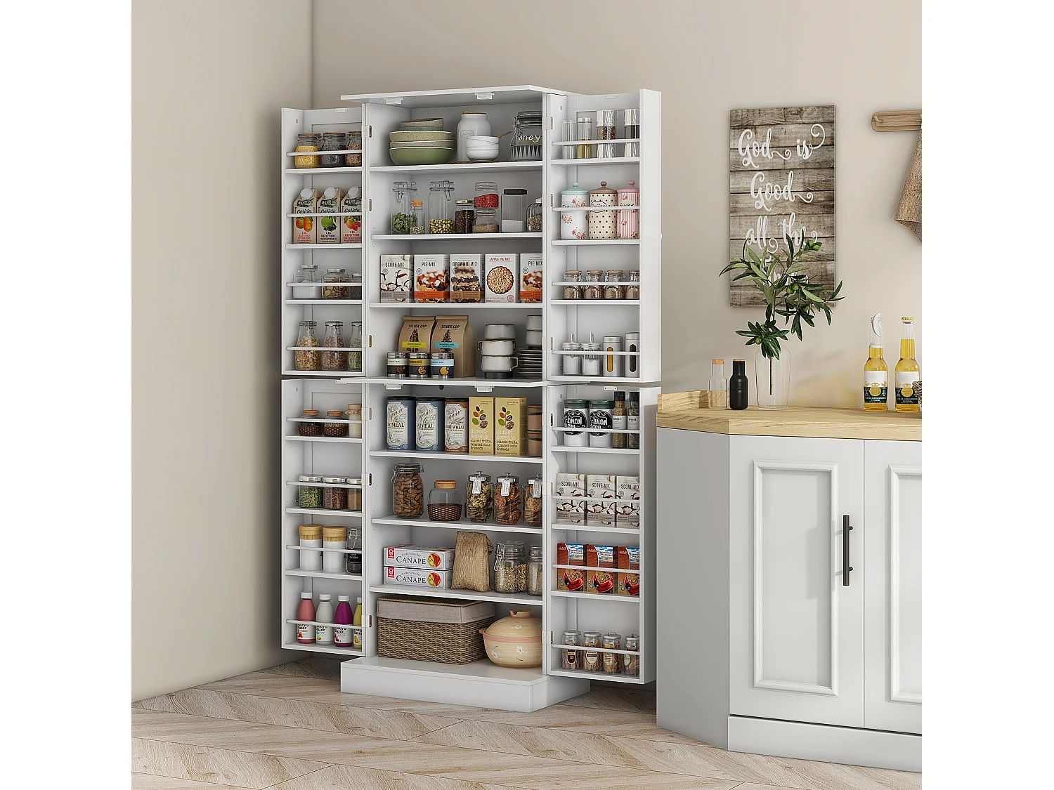 Buffet armoire de cuisine 2 portes 8 niveaux 16 porte-épices effet bois moulures blanc