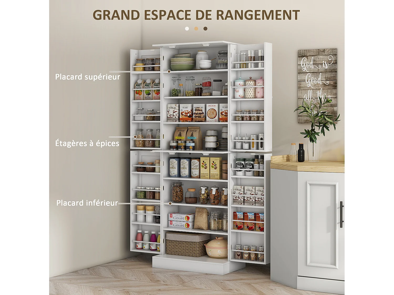 Buffet armoire de cuisine 2 portes 8 niveaux 16 porte-épices effet bois moulures blanc