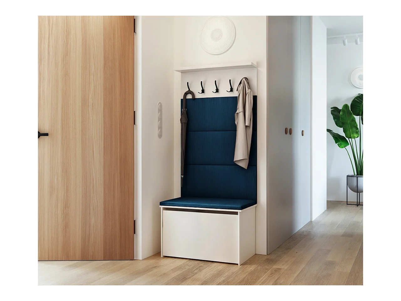 Meuble d'entrée - porte-manteau Cyndi avec coffre et siège - Bleu pétrole