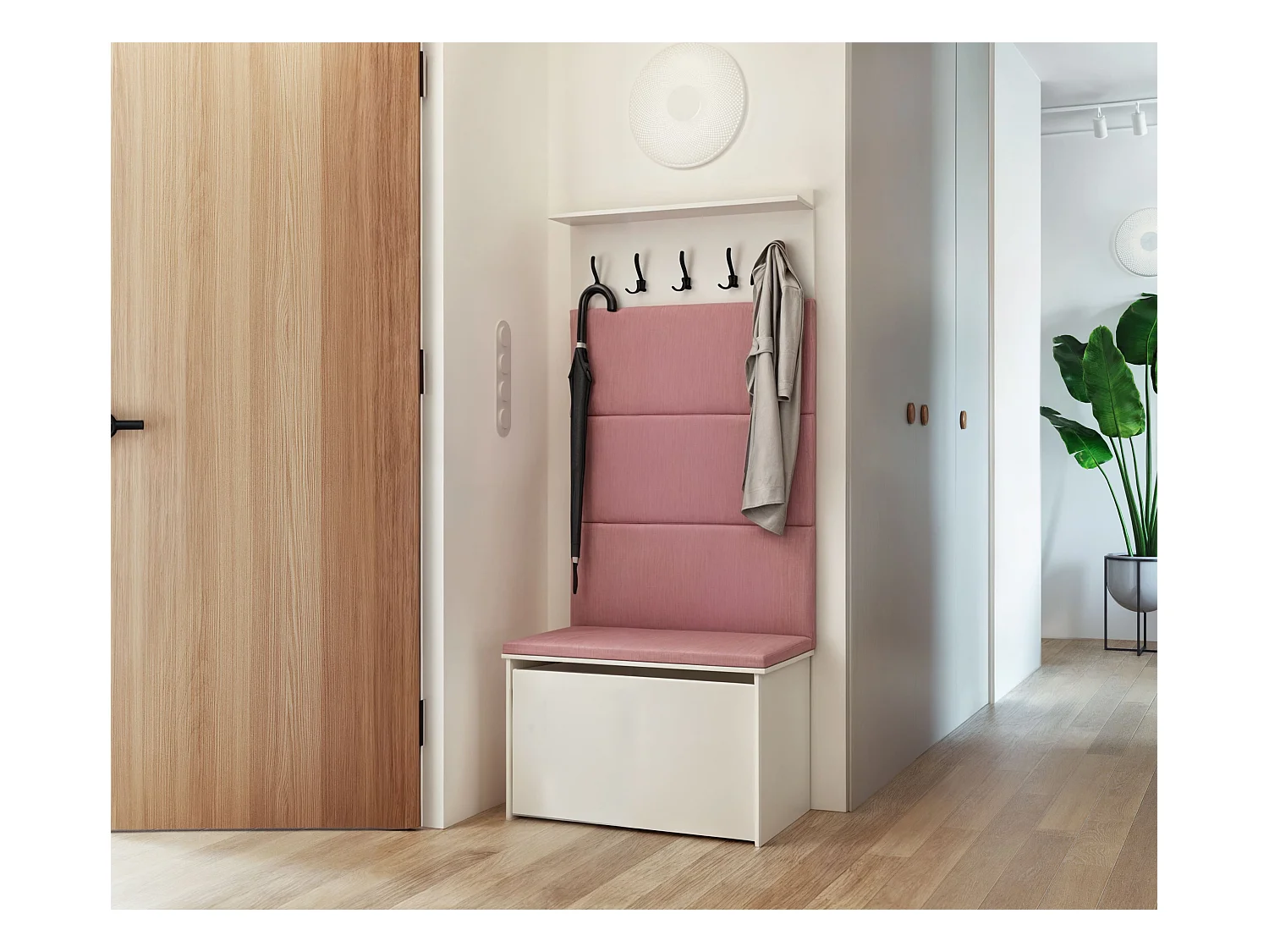 Meuble d'entrée - porte-manteau Cyndi avec coffre et siège - Rose