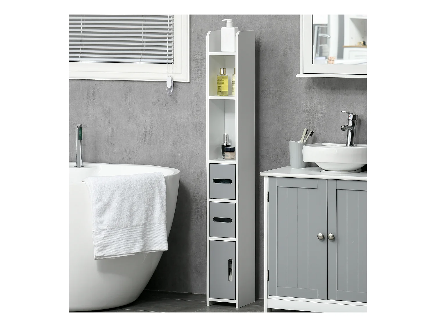 Colonne de salle de bain H. 120 cm - 3 portes, 2 niches, étagère - blanc gris