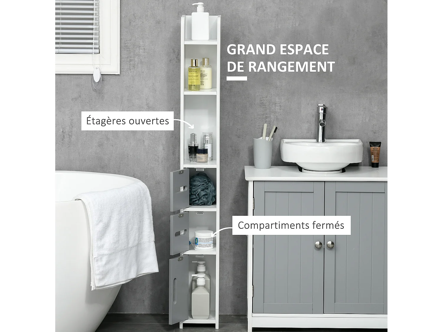 Colonne de salle de bain H. 120 cm - 3 portes, 2 niches, étagère - blanc gris
