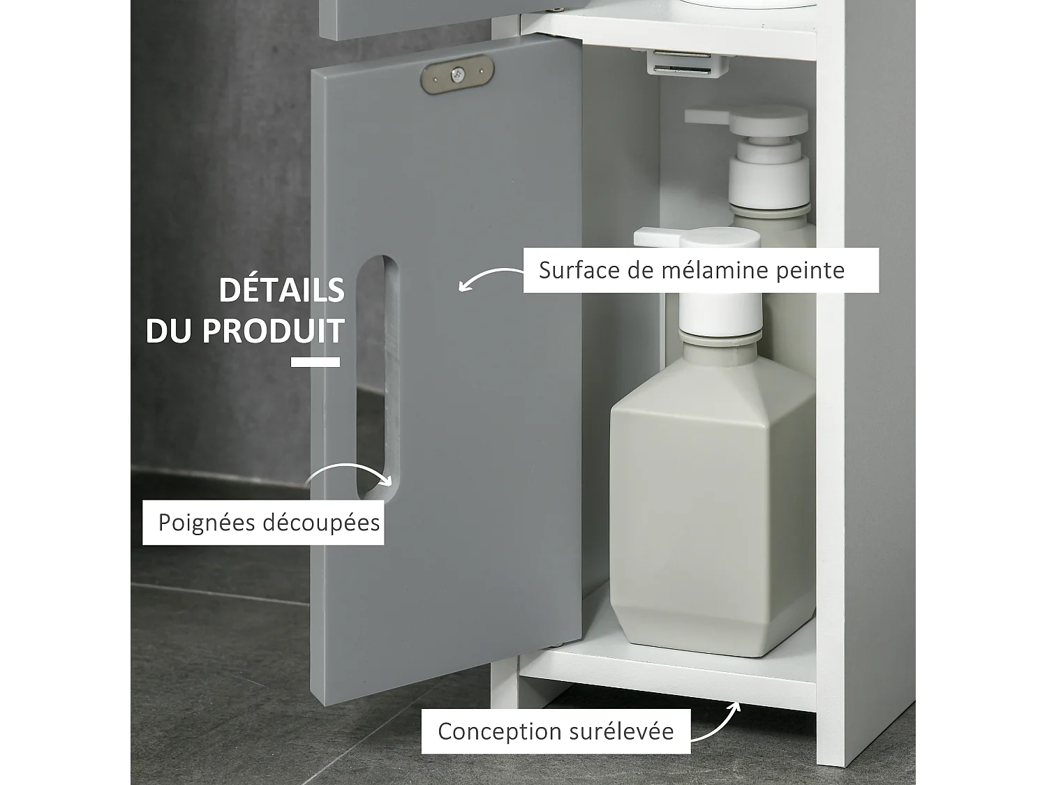 Colonne de salle de bain H. 120 cm - 3 portes, 2 niches, étagère - blanc gris