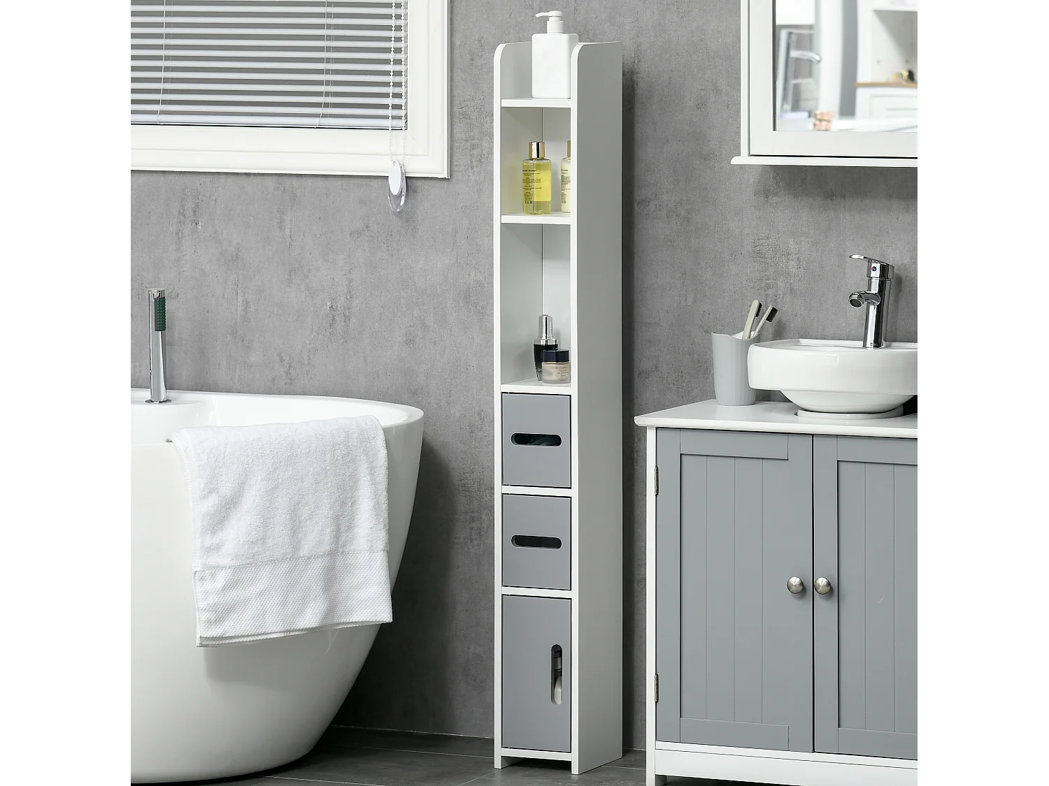 Colonne de salle de bain H. 120 cm - 3 portes, 2 niches, étagère - blanc gris