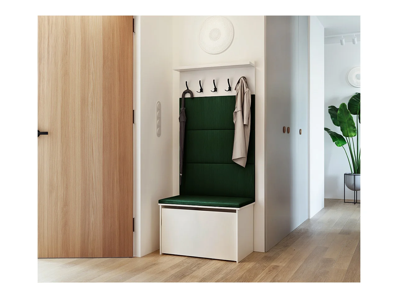 Meuble d'entrée - porte-manteau Cyndi avec coffre et siège - Vert