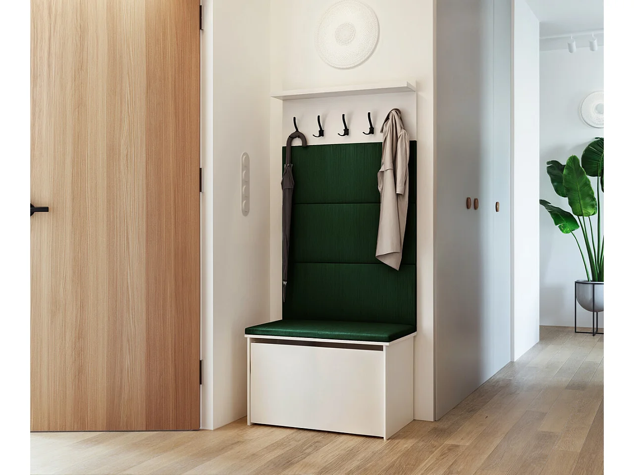 Meuble d'entrée - porte-manteau Cyndi avec coffre et siège - Vert