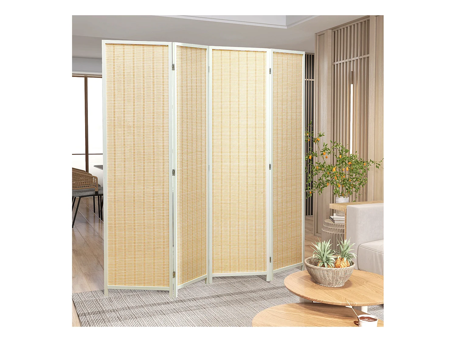 Paravent intérieur séparateur de pièce pliable 4 panneaux dim. 180L x 180H cm bois pin bambou coton blanc