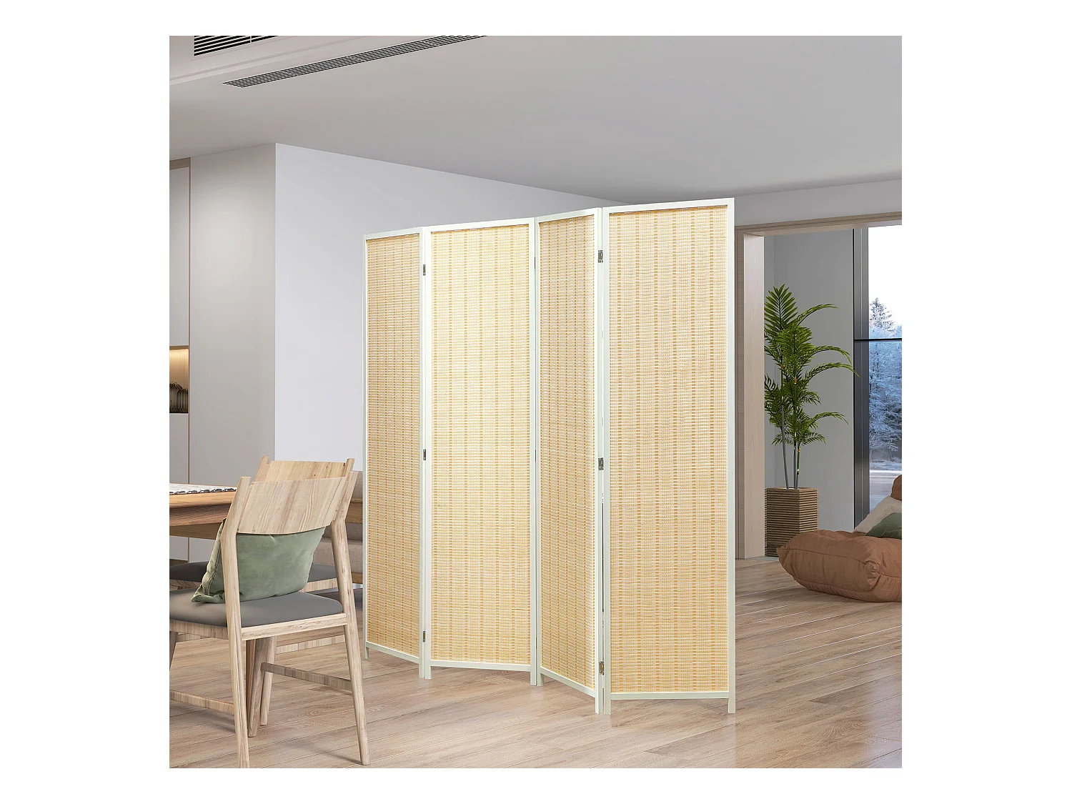 Paravent intérieur séparateur de pièce pliable 4 panneaux dim. 180L x 180H cm bois pin bambou coton blanc